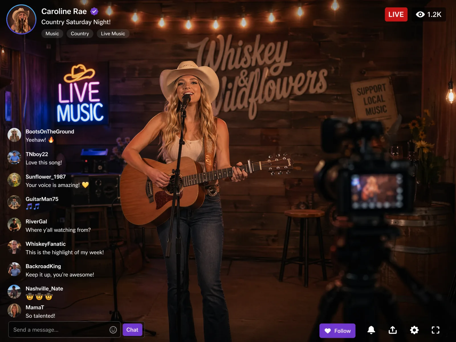 Country singer with acoustic guitar performing in a warm wooden venue