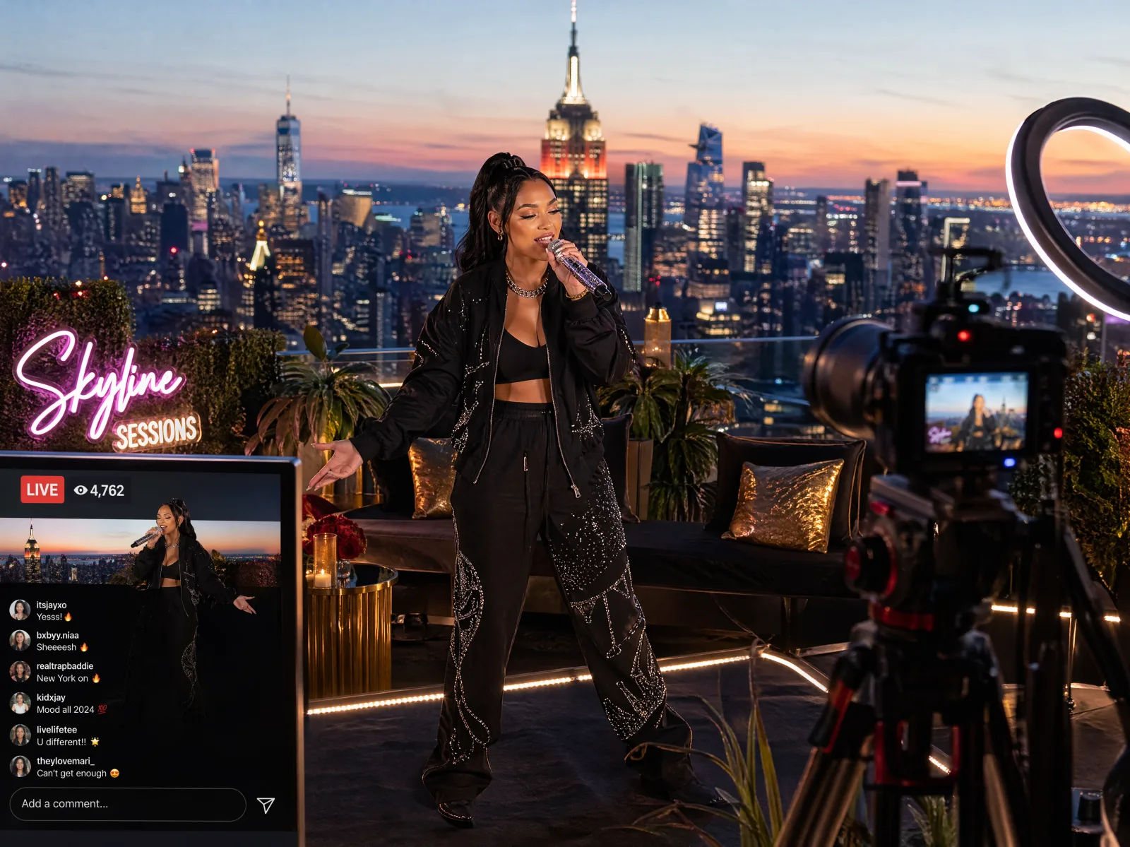 R&B performer on a New York rooftop streaming a live Skyline Session