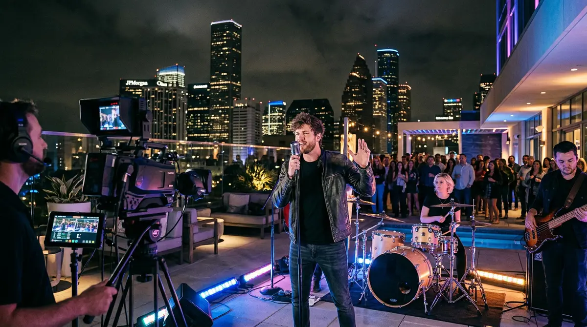 Performer singing live on a rooftop stage with Houston skyline